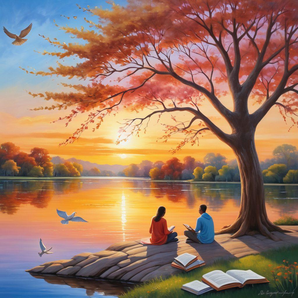 A serene landscape depicting a sunrise over a tranquil lake, symbolizing hope and knowledge. In the foreground, diverse individuals sharing books and ideas under a vibrant tree, symbolizing community and growth. Soft warm colors to evoke feelings of peace and fulfillment. A dove soaring in the sky, representing freedom and optimism. painting. vibrant colors.