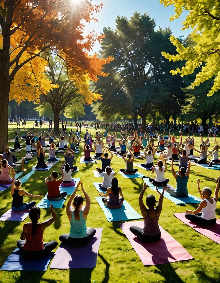 A vibrant community gathering in a sunny park, showcasing diverse people engaged in joyful activities like yoga, dancing, and sharing meals, surrounded by colorful flowers and trees. The atmosphere is warm and inviting, emphasizing connection and happiness. Sunlight filters through the leaves, casting playful shadows. super-realistic. vibrant colors.