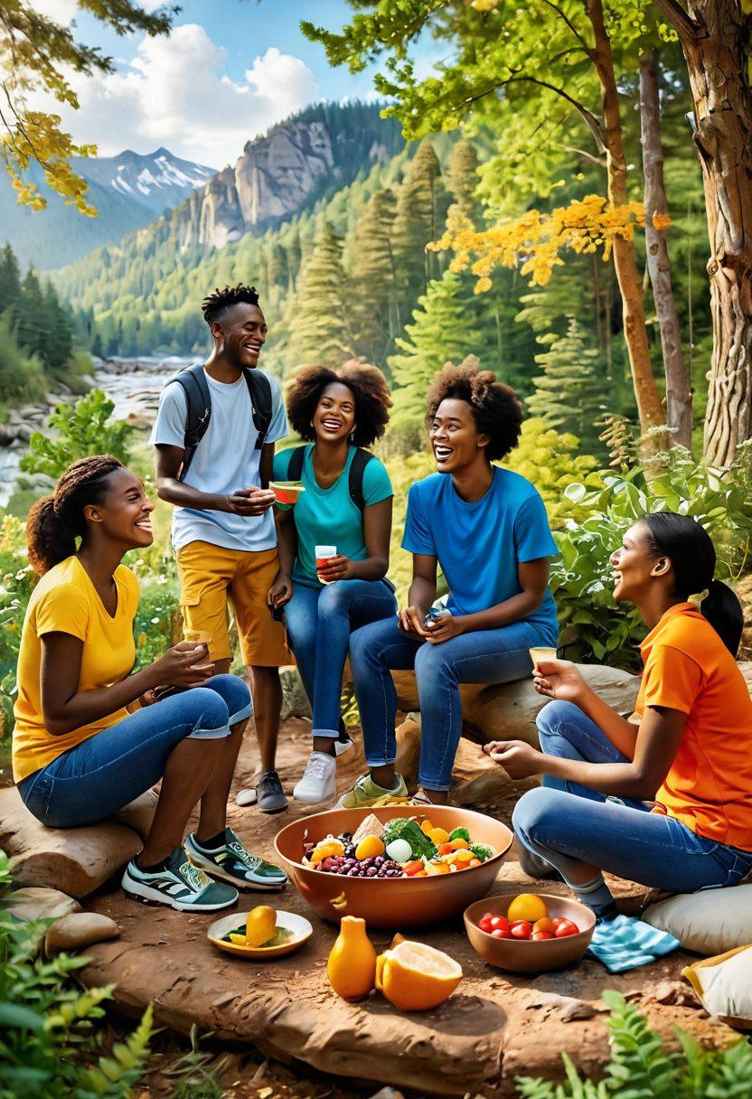 A warm scene depicting diverse groups of friends laughing and engaging in activities together, surrounded by nature, symbolizing connection and joy. Incorporate elements like shared meals, hiking, and group games. Use bright, uplifting colors to evoke happiness and camaraderie. The setting should convey a sense of community and support. super-realistic. vibrant colors.